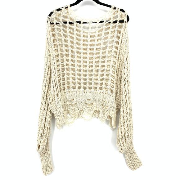 Unbranded Open Knit Long Sleeve Distressed Sweater Womens One Size Beige - Picture 2 of 5